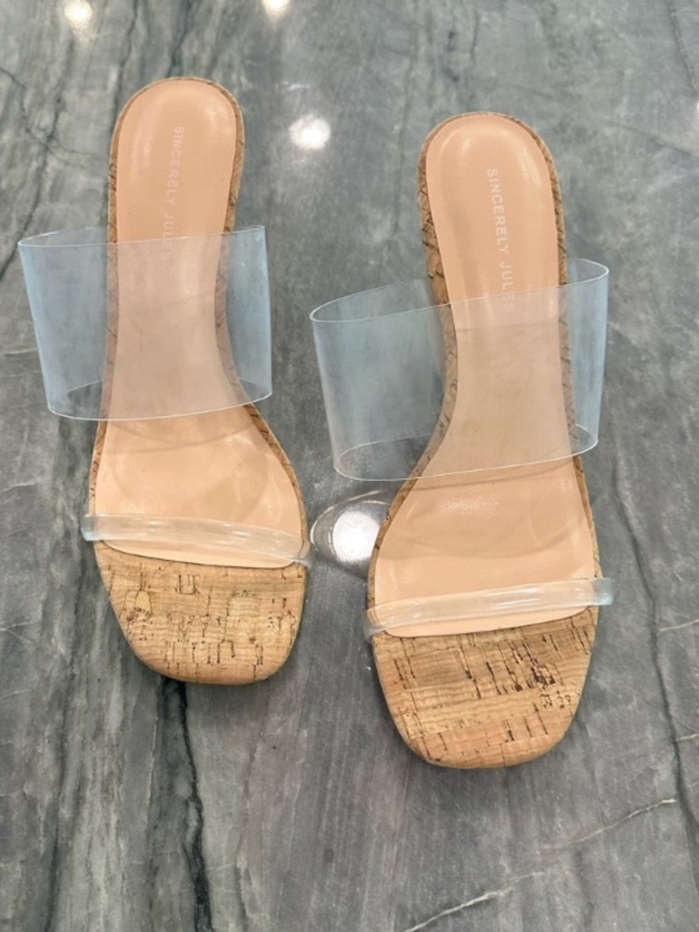 Sincerely Jules Nude Cork Slide Mules with Clear Straps
